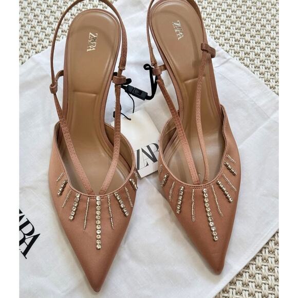 ZARA BLOGGER FAVE!!! Rhinestone Embellished Slingback Heels NWT 🤎 - Picture 14 of 16